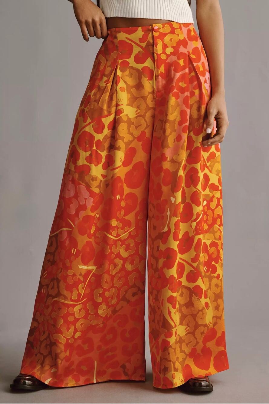 Farm Rio X Anthropologie Women's Orange Red Printed Satin Wide-Leg Pants Size S